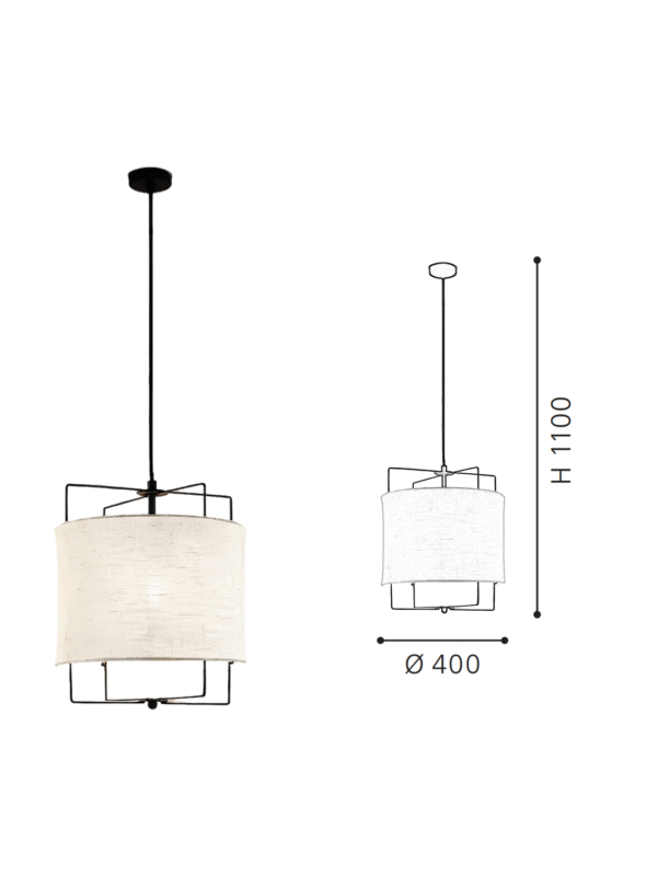 Linen Fabric Drum Pendant Light with Black Metal Cage Frame | Modern Industrial Hanging Lamp for Home Decor