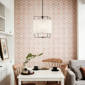 Linen Fabric Drum Pendant Light with Black Metal Cage Frame | Modern Industrial Hanging Lamp for Home Decor