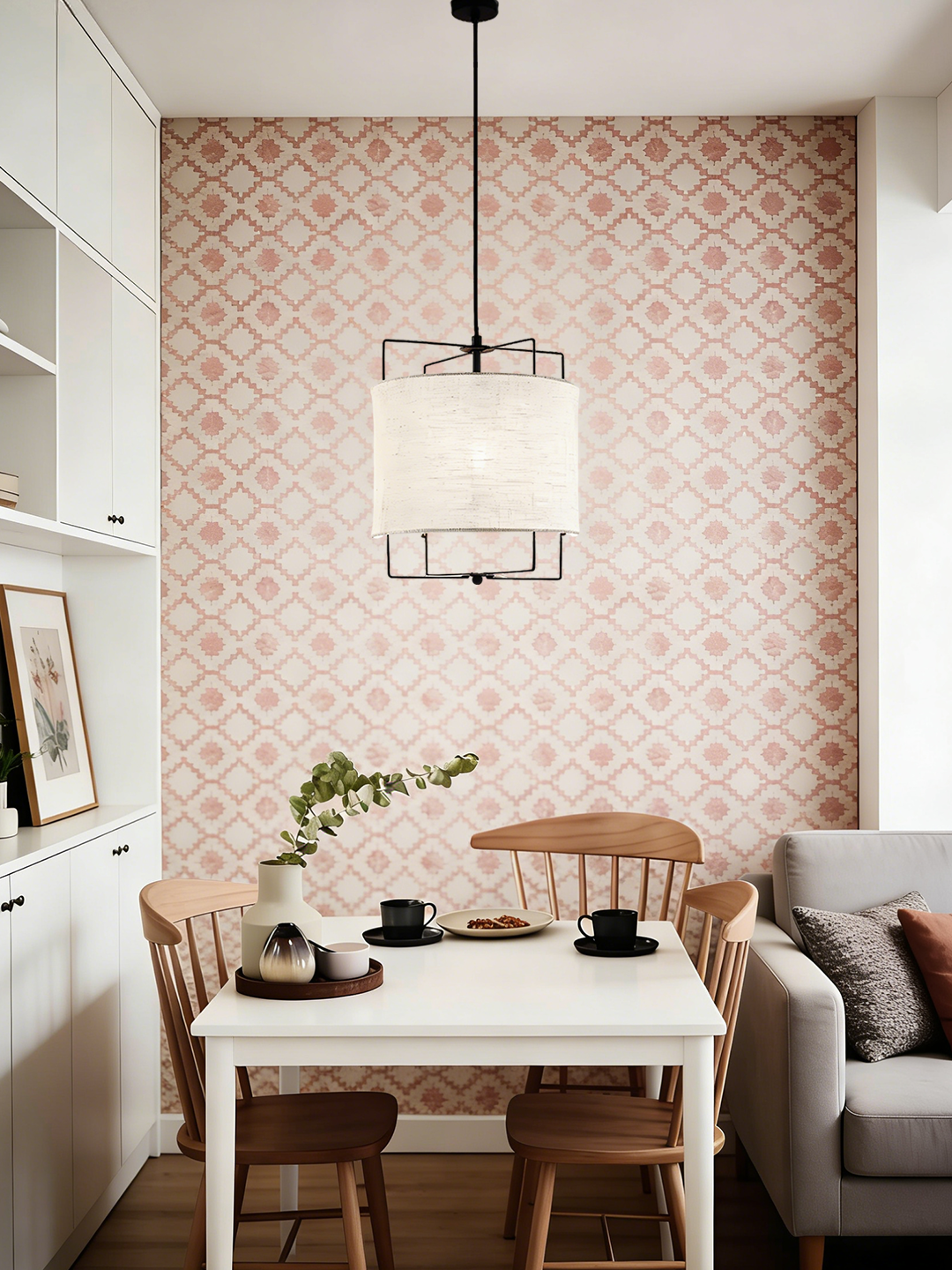 Linen Fabric Drum Pendant Light with Black Metal Cage Frame | Modern Industrial Hanging Lamp for Home Decor - Image 1