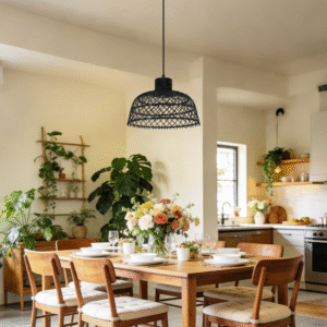 Natural Rattan Cage Pendant Light | Boho Flush Mount Lighting for Bedroom & Living Room