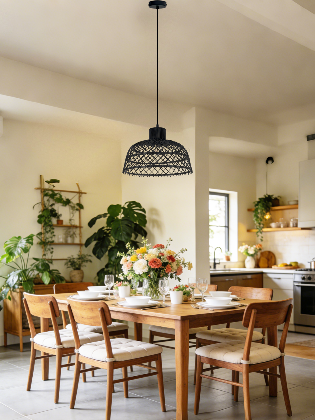 Natural Rattan Cage Pendant Light | Boho Flush Mount Lighting for Bedroom & Living Room - Image 1