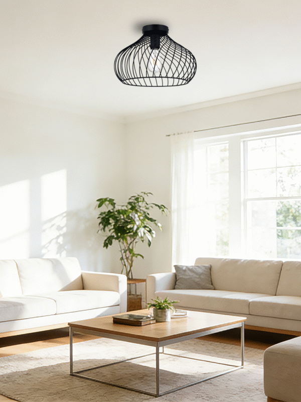 Black Wire Mesh Flush Mount Ceiling Light | Modern Industrial Cage Lamp for Home Decor