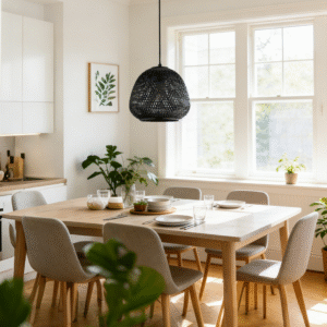 Black Rattan Dome Pendant Light | Modern Woven Hanging Lamp for Dining & Living Spaces