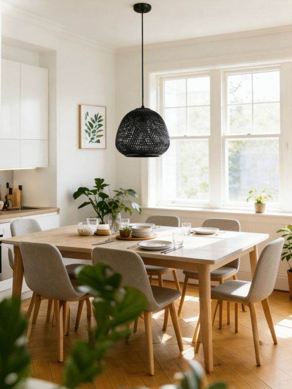Black Rattan Dome Pendant Light | Modern Woven Hanging Lamp for Dining & Living Spaces