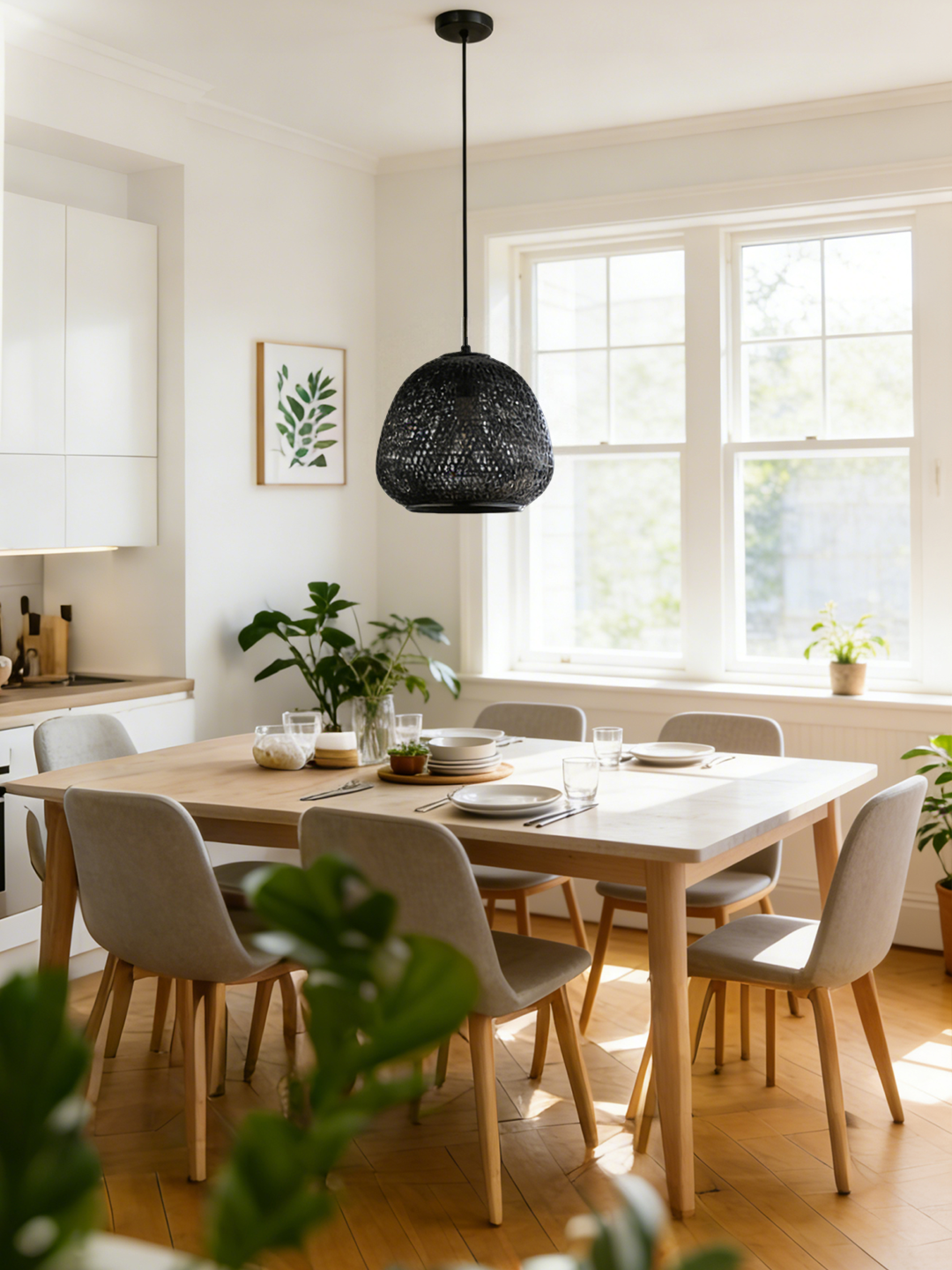 Black Rattan Dome Pendant Light | Modern Woven Hanging Lamp for Dining & Living Spaces - Image 1