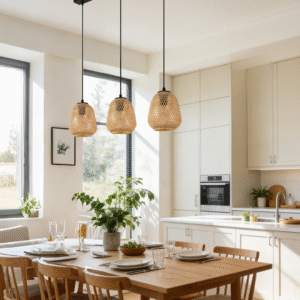 Natural Rattan 3-Light Linear Pendant | Boho Woven Island Lighting for Kitchen & Dining Room