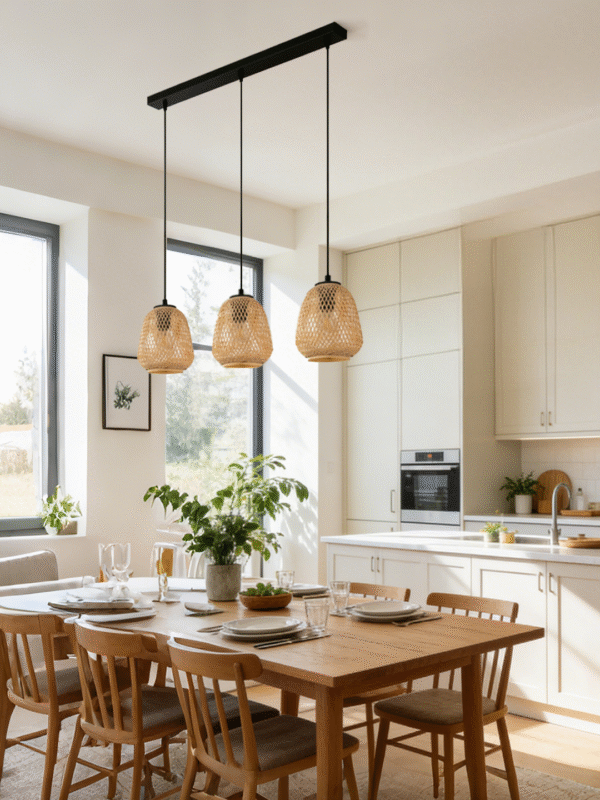 Natural Rattan 3-Light Linear Pendant | Boho Woven Island Lighting for Kitchen & Dining Room