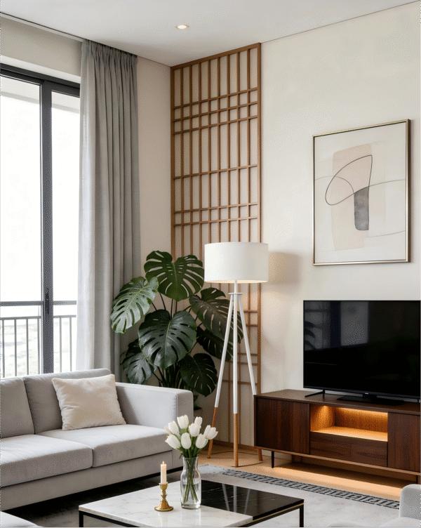 Brown-White Wood-Steel-Fabric Floor Light