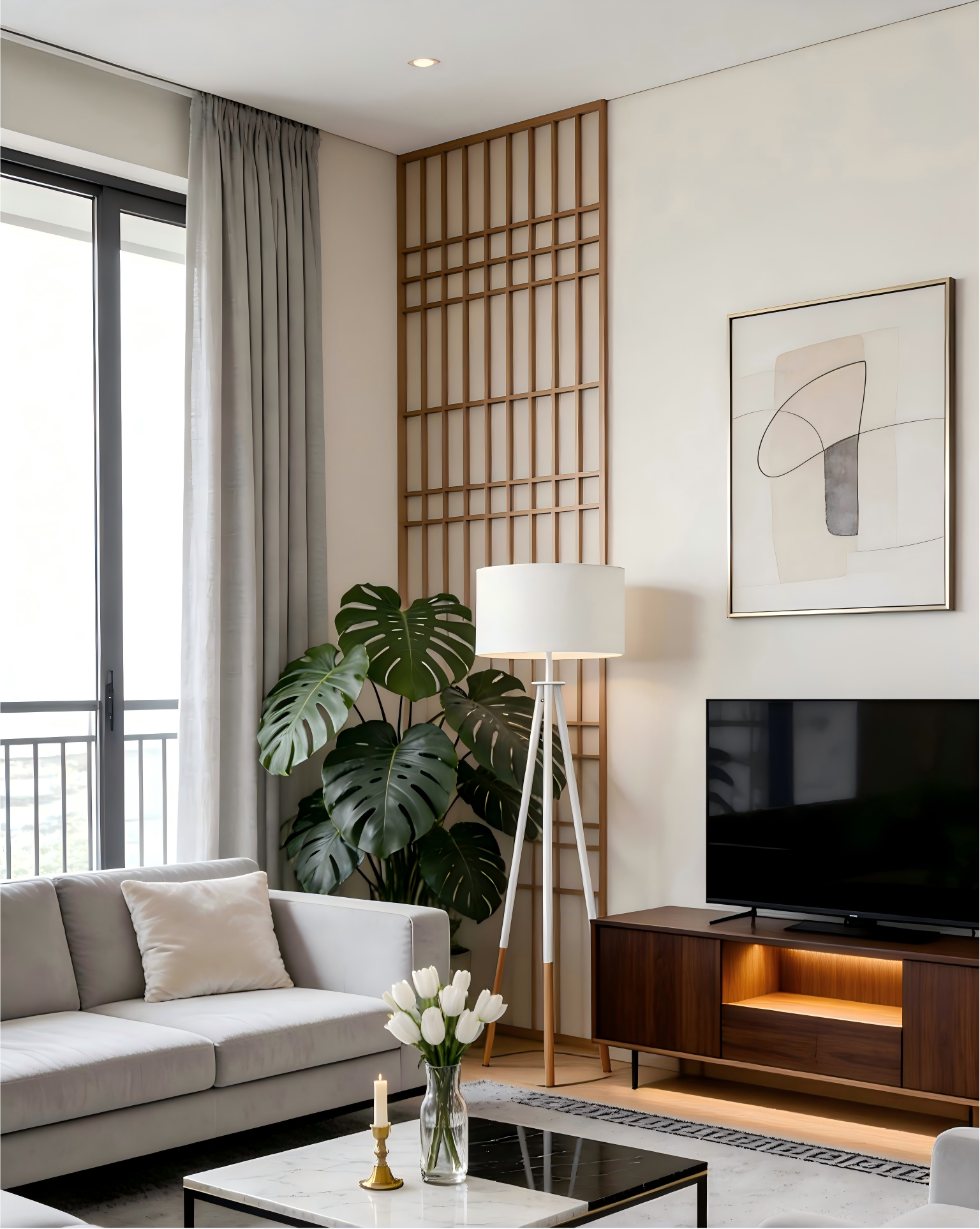 Brown-White Wood-Steel-Fabric Floor Light - Image 1