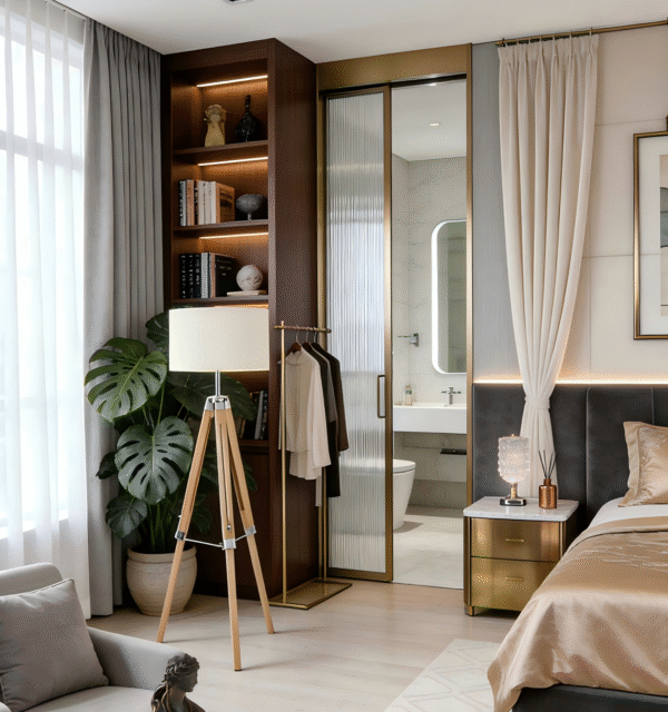 Natural Wood-Steel-Beige Fabric Floor Light