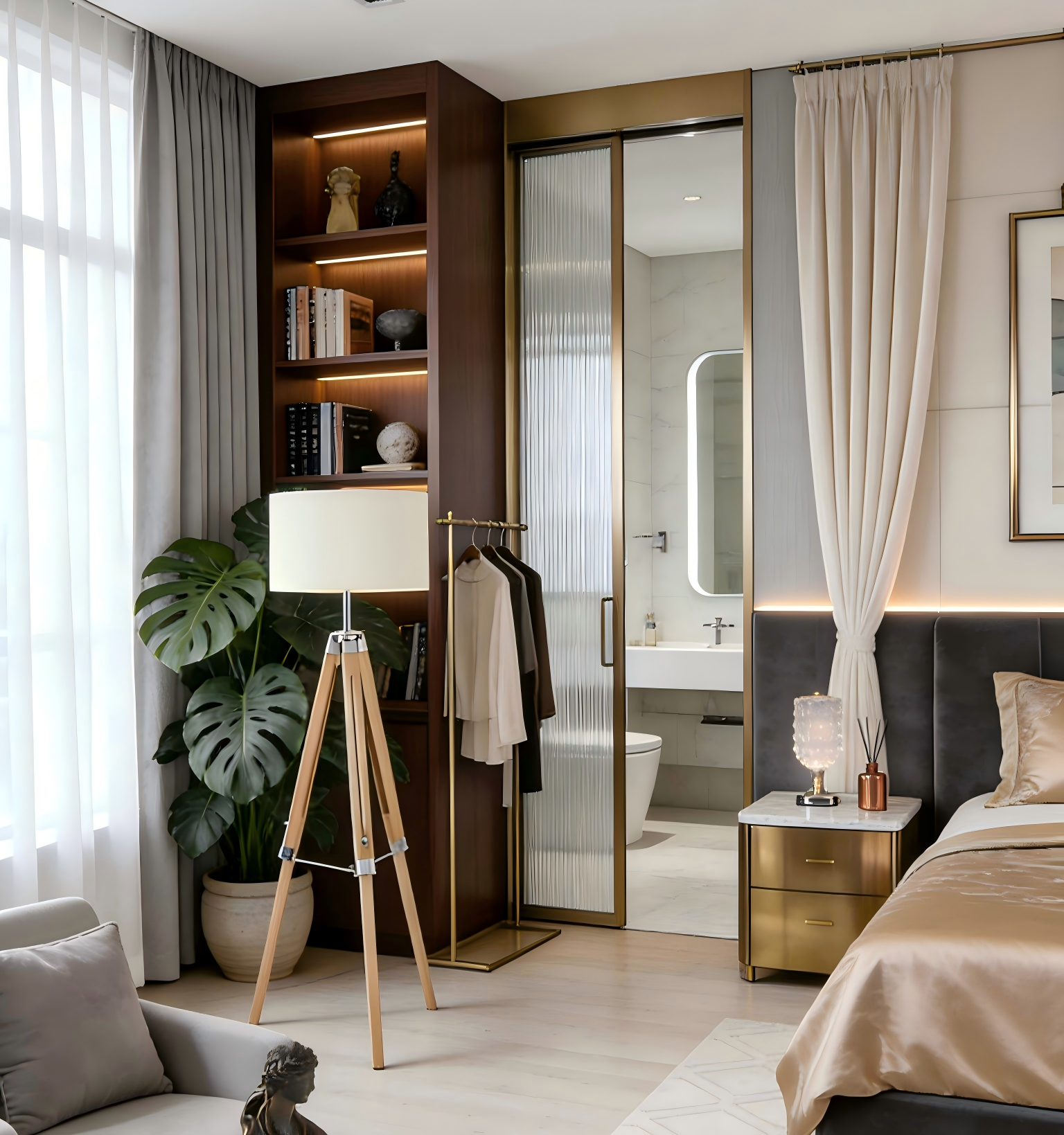 Natural Wood-Steel-Beige Fabric Floor Light - Image 1