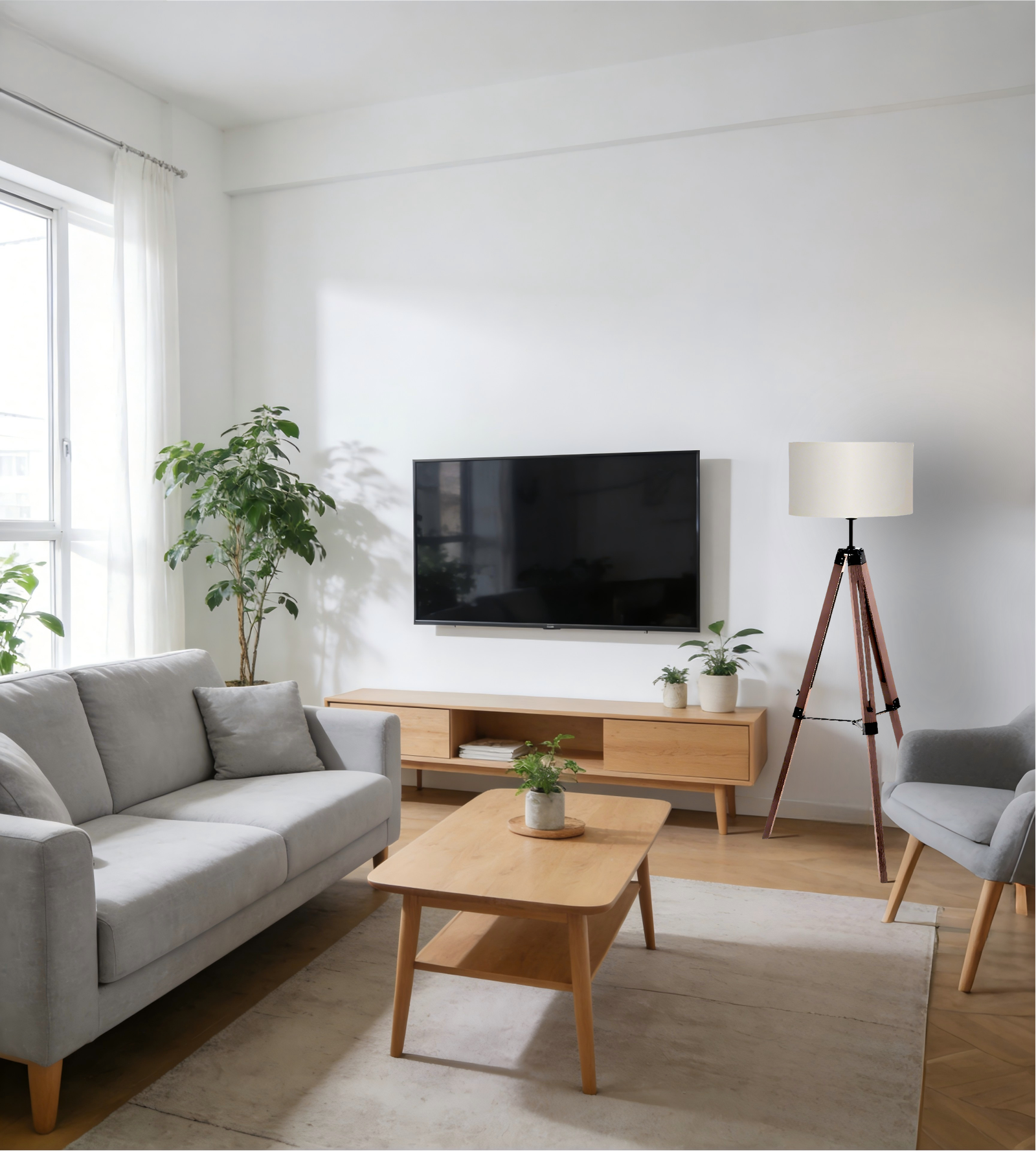 Nut-Taupe Wood-Steel-Fabric Floor Light - Image 1