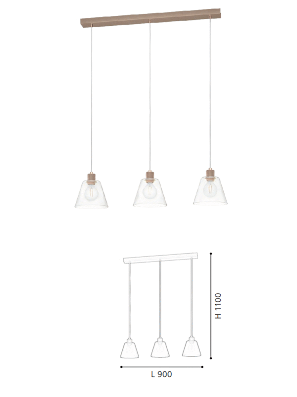 Rose Gold & Clear Glass 3-Light Steel-Aluminium Pendant Light