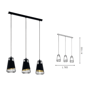 Black & Gold 3-Light Steel-Fabric Pendant Light - Image 2