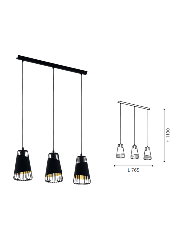 Black & Gold 3-Light Steel-Fabric Pendant Light