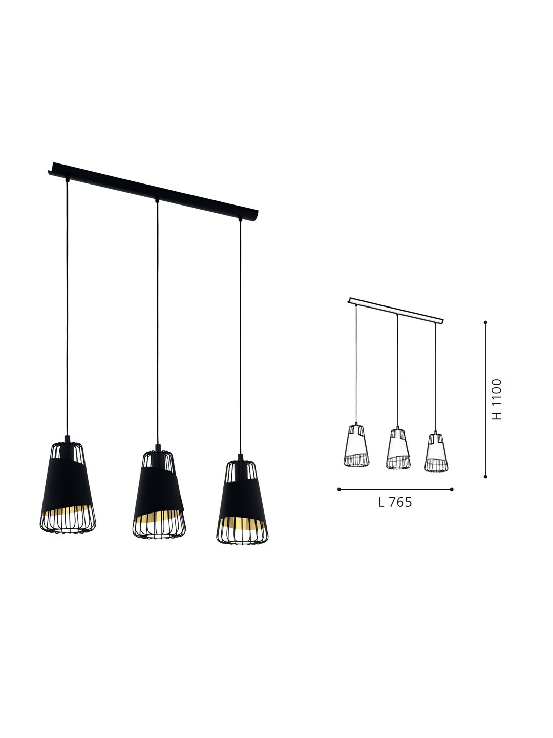 Black & Gold 3-Light Steel-Fabric Pendant Light - Image 2